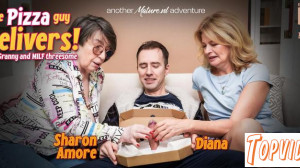 Diana & Sharon Amore - Blonde MILF Diana and 76 year old granny Sharon Amore share a young delivery guy in a gardcore three
