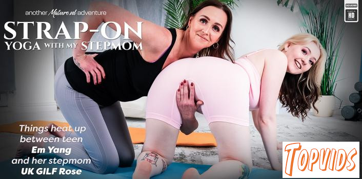 Em Yang & UK Gilf Rose - Young babe Em Yang gets a lesson in Pussylicking strapon yoga from her naughty stepmom UK Gilf Rose