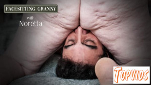 Noretta - Saggy tits Noretta sits on young mans face with hairy granny pussy